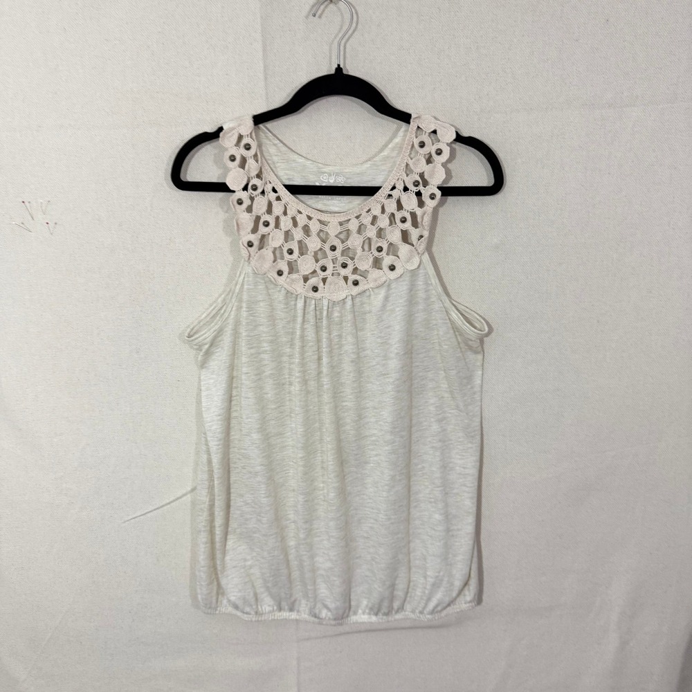 Mudd Women Cream Crochet Lace Neckline Studded Tank Top XL Boho Sleeveless
